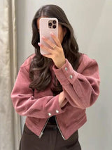 Women's Bomber Jacket Cropped Zip Front Ribbed Flap Pocket – Going Out