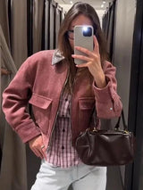Women's Bomber Jacket Cropped Zip Front Ribbed Flap Pocket – Going Out