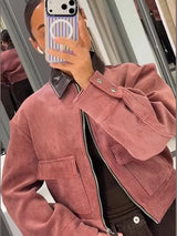 Women's Bomber Jacket Cropped Zip Front Ribbed Flap Pocket – Going Out