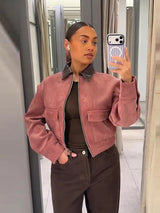 Women's Bomber Jacket Cropped Zip Front Ribbed Flap Pocket – Going Out