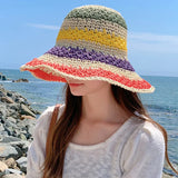 Women's Bucket Hat Crochet Stripe Flat Top Short Brim – Beach Vacation