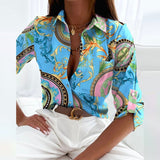 Women's Button Down Blouse Mixed Print Collared Long Sleeve – Casual Wear