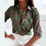 Women's Button Down Blouse Mixed Print Collared Long Sleeve – Casual Wear