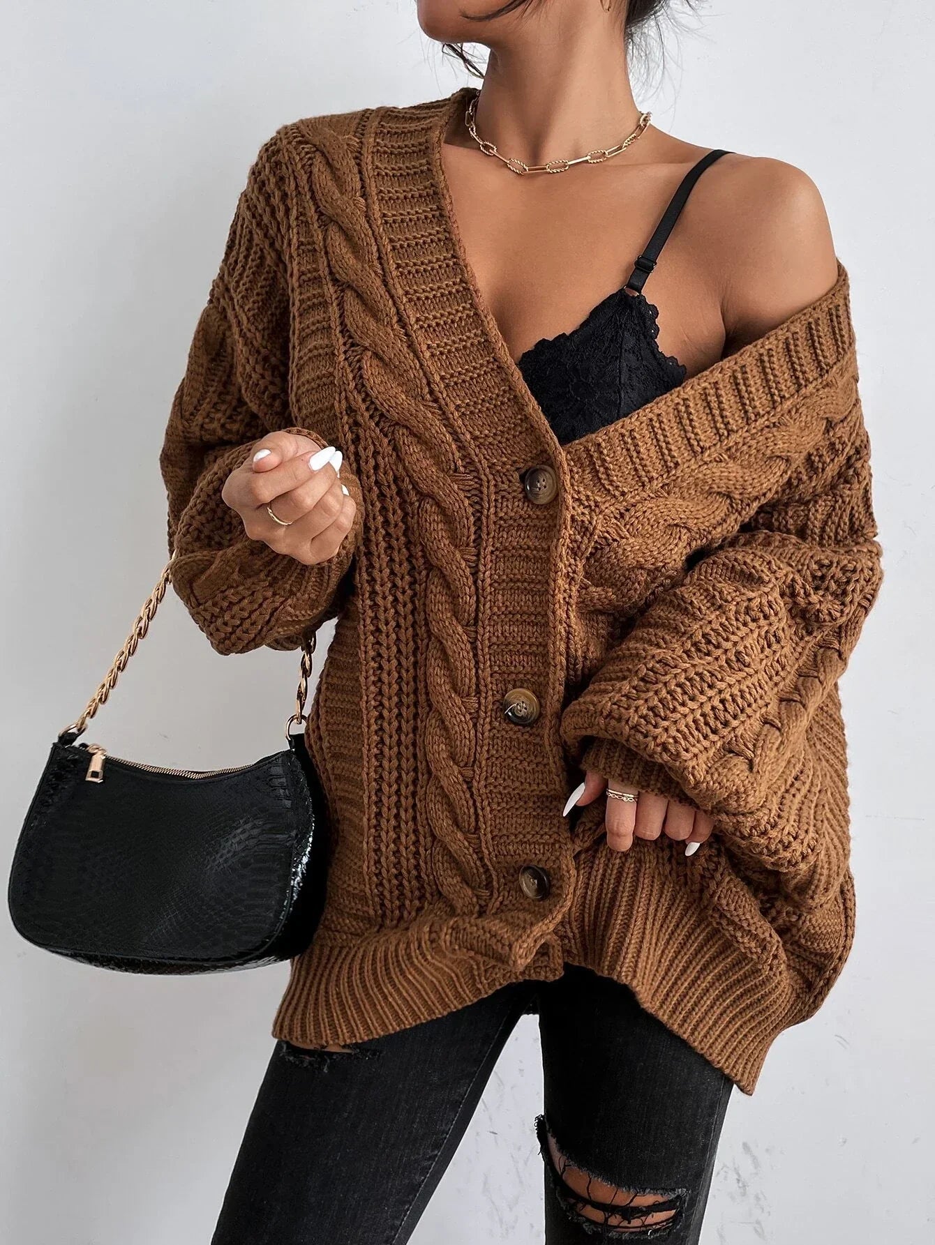 Women's Cable Knit Cardigan Chunky Button Front Long Sleeve - Casual