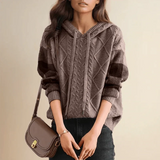 Women’s Cable Knit Sweater Hooded Drawstrings Striped Sleeves – Pumpkin Patch Visits