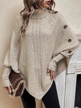 Women’s Cable Knit Sweater Turtleneck Button Shoulder Pointed Hem – Weekend Lunches