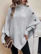 Women’s Cable Knit Sweater Turtleneck Button Shoulder Pointed Hem – Weekend Lunches