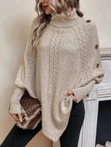 Women’s Cable Knit Sweater Turtleneck Button Shoulder Pointed Hem – Weekend Lunches