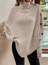 Women’s Cable Knit Sweater Turtleneck Button Shoulder Pointed Hem – Weekend Lunches