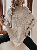 Women’s Cable Knit Sweater Turtleneck Button Shoulder Pointed Hem – Weekend Lunches
