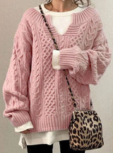 Women’s Cable Knit Sweater V-Neck Long Sleeve Ribbed Cuffs – Casual Outings
