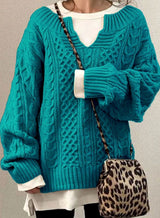 Women’s Cable Knit Sweater V-Neck Long Sleeve Ribbed Cuffs – Casual Outings