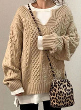 Women’s Cable Knit Sweater V-Neck Long Sleeve Ribbed Cuffs – Casual Outings