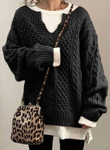 Women’s Cable Knit Sweater V-Neck Long Sleeve Ribbed Cuffs – Casual Outings