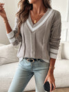 Women’s Cable Knit Sweater V-Neck Striped Ribbed Trim Long Sleeves – Historic District Walks