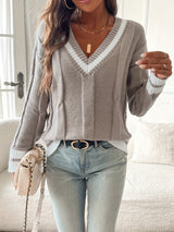 Women’s Cable Knit Sweater V-Neck Striped Ribbed Trim Long Sleeves – Historic District Walks