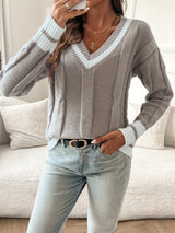 Women’s Cable Knit Sweater V-Neck Striped Ribbed Trim Long Sleeves – Historic District Walks