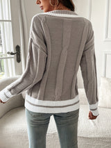 Women’s Cable Knit Sweater V-Neck Striped Ribbed Trim Long Sleeves – Historic District Walks