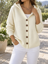 Women’s Cardigan Hooded Button Front Ribbed Trim – Coffee Shop Mornings