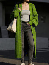 Women’s Cardigan Open Front Ribbed Detail Balloon Sleeves Front Pockets – Casual City Outings
