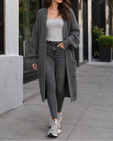 Women’s Cardigan Open Front Ribbed Detail Balloon Sleeves Front Pockets – Casual City Outings