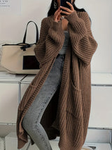 Women’s Cardigan Open Front Ribbed Detail Balloon Sleeves Front Pockets – Casual City Outings