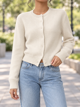 Women’s Cardigan Round Neck Button Front Ribbed Trim – Café Visits