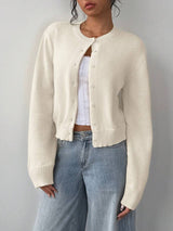 Women’s Cardigan Round Neck Button Front Ribbed Trim – Café Visits