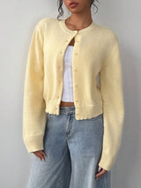 Women’s Cardigan Round Neck Button Front Ribbed Trim – Café Visits