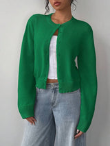 Women’s Cardigan Round Neck Button Front Ribbed Trim – Café Visits