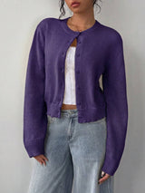 Women’s Cardigan Round Neck Button Front Ribbed Trim – Café Visits