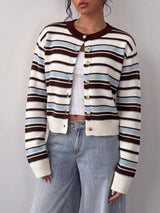 Women’s Cardigan Round Neck Button Front Ribbed Trim – Café Visits