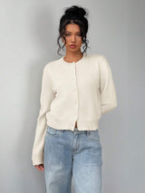 Women’s Cardigan Round Neck Button Front Ribbed Trim – Café Visits