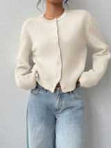 Women’s Cardigan Round Neck Button Front Ribbed Trim – Café Visits