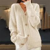 Women’s Cardigan V-Neck Button Front Diamond Knit Detail – Bookstore Visits