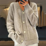 Women’s Cardigan V-Neck Button Front Diamond Knit Detail – Bookstore Visits