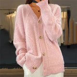 Women’s Cardigan V-Neck Button Front Diamond Knit Detail – Bookstore Visits