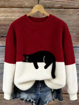 Women's Cat Motif Sweater Round Neck Long Sleeve Ribbed Trim – Weekend Outing