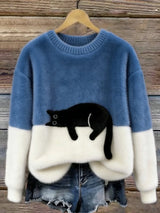 Women's Cat Motif Sweater Round Neck Long Sleeve Ribbed Trim – Weekend Outing