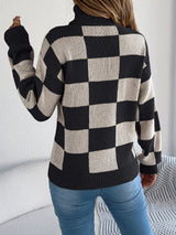 Women's Checkered Knit Sweater Turtleneck Long Sleeve – Seasonal Look