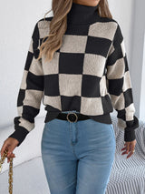 Women's Checkered Knit Sweater Turtleneck Long Sleeve – Seasonal Look
