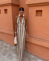 Women's Chevron Maxi Dress Halter V Neck Backless – Wedding Guest Summer
