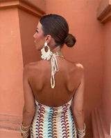 Women's Chevron Maxi Dress Halter V Neck Backless – Wedding Guest Summer