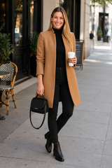 Women’s Coat Open Front Folded Cuffs Mid Length – Workday Commute