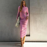 Women's Cocktail Evening Midi Dress Ruched Mock Neck Long Sleeve – Dinner Party
