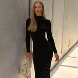 Women's Cocktail Evening Midi Dress Ruched Mock Neck Long Sleeve – Dinner Party