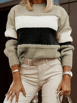 Women's Color Block Knit Sweater Crew Neck Dropped Shoulder – Casual Coastal