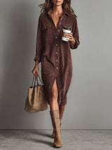 Women's Corduroy Midi Dress Button Front Long Sleeve – Casual Fall