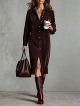 Women's Corduroy Midi Dress Button Front Long Sleeve – Casual Fall