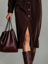 Women's Corduroy Midi Dress Button Front Long Sleeve – Casual Fall